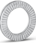 Close-up of Nord-Lock Wedge Locking Washer for 3/8 In Bolts Steel Zinc Flake, single washer showing serrated design.