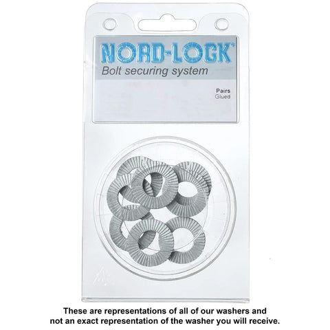 Package of Nord-Lock Wedge Locking Washers For 3/8 In Bolts Steel Zinc Flake 20 Pairs visible in a plastic container.
