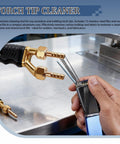 Close-up of torch tip cleaner included in Comprehensive 22 Piece Welding Accessories Kit with Heavy Duty Chipping Hammer Soapstone Holder 16 Foot Tape Measure 50 Pound Magnet Triple Flint Striker Torch Cleaner Wire Brush And More