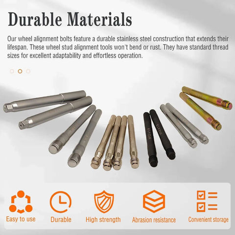 14Pcs Wheel Stud Alignment Pin Set made of stainless steel, showing various thread sizes for vehicles and hub alignment.