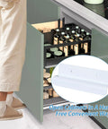 White Cabinet Foot Pull For Trash Can With Touchless Operation shown installed on a kitchen cabinet with foot operated handle.
