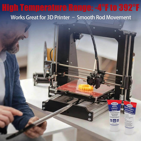 3D printer with Keze White Lithium Grease Tube Automotive Grasa De Litio Car Door Grease with Brush NLGI 2 displayed beside it