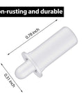 Close-up of a white spring-loaded replacement repair pin for plantation shutters, shown with dimensions 0.78 x 0.31 inches with 'Non-rusting and durable' text.