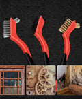 Wire Brush Set 3Pcs with Stainless Steel, Brass, and Nylon Bristles on red handles for cleaning and rust removal; detailing kit