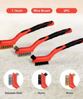 Wire Brush Set 3Pcs with red handles showcasing stainless steel, brass, and nylon bristles for cleaning and rust removal.