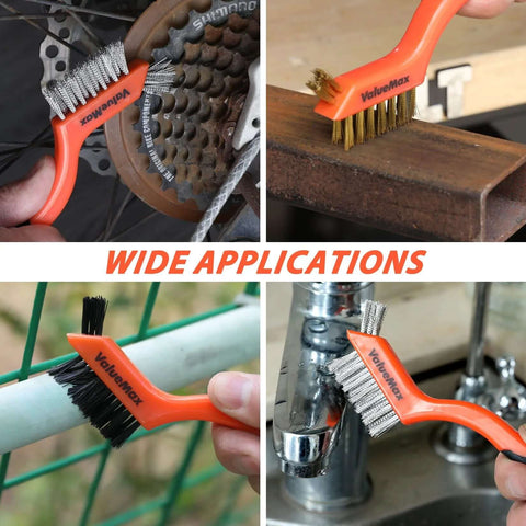 Wire Brush Set, 8Pcs Stainless Steel/Brass/Nylon Bristles with Curved Handle Grip used for cleaning bicycle gears, metal surfaces, pipes, and faucets.