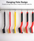 Small Wire Brush Set 6Pcs, Stainless Steel/Brass/Nylon Bristle Mini Wire Brushes hanging on a rod, showcasing hanging hole design, 7 Inches.