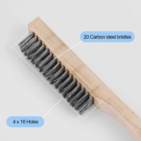 Close-up of 12 Pieces 10 Inches Wire Brush Wooden Handle, Multi-Purpose Wire Scratch Brush, 20 Steel Wires Each Hole