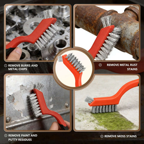 6 Pieces Wire Brushes Set with nylon, brass, stainless steel bristles for cleaning welding slag and rust, shown in action removing stains