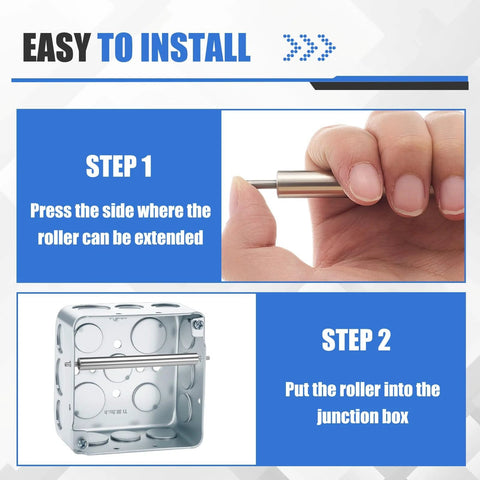Easy installation steps for Two Pack Steel Wire Pulling Roller Set For 4 Inch Electrical Boxes, showing hand and junction box.
