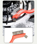 Wire Scratch Brush Set Soft Grip for Rust, Dirt & Paint Scrubbing on stovetop with soapy water, red handle, close-up.