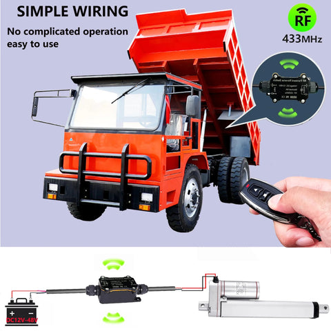 Weatherproof Wireless DC Remote Switch for 12 to 48 volt doors and shutters in use with a vehicle, showcasing 433MHz RF operation.