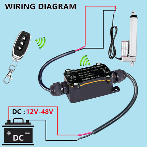 Wiring diagram for Weatherproof Wireless DC Remote Switch for 12 to 48 volt doors and shutters, showing components and connections.