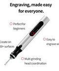 Wireless Engraving Pen Kit With 30 Metal Grinding Bits Ceramic Bit and 3 Cutting Blades shown with multiple surface capability