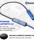 Noise Canceling Wireless Neckband Earbuds showing Bluetooth 5.0 feature and compact case