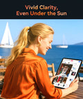 Woman using 13.4 Inch Android 15 Tablet PC With Keyboard Pen Case And Mouse Gemini AI Gaming Tablet by the sea