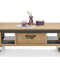 Wooden table with 1 Inch Small Caster Wheels With 2 Brakes And Screws M6x15mm, 90 Lb Capacity, Low Profile Silent Casters, used for easy movement.