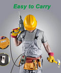 Worker holding a drill and hammer, wearing safety gear with an AC Motor Speed Controller 120V 15A Variable Speed Controller clipped to the tool belt.