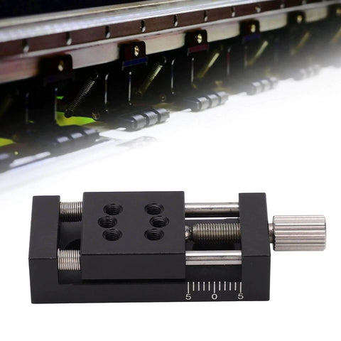 X-Axis Mini Linear Rail Stage Actuator High Precision Adjustable 10mm Stroke Aluminum Alloy Sliding Table with Manual Fine Tune for DIY CNC Router 20 x 20 mm Part displayed against a mechanical backdrop.