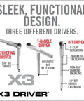 Diagram showing Real Avid Smart-Torq Fixed Limiter & X3 Driver Kit with ratcheting, T-handle, and bit drivers labeled with features.