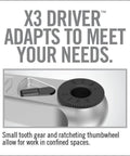 X3 Driver with small tooth gear and ratcheting thumbwheel, part of Real Avid Smart-Torq Fixed Limiter & X3 Driver Kit for precise tasks.