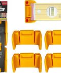 Yellow universal level holder 2 pack with locking mounts for secure level storage on various surfaces, fits most brands, for easy transport.