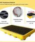 Two Drum Spill Containment Pallet, Polyethylene Low Profile Paint Bucket Tray For Industrial Garage Storage, HDPE material, yellow