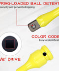 Close-up of a yellow 1/2" Drive Torque Limiting Extension Bar with spring-loaded ball detent and color-coded design for locking lug nuts.