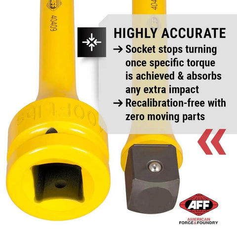 Torque Limiting Extension, 1" Drive, 400 ft/lbs, Yellow, 40409 close-up with accuracy features highlighted.
