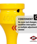 Close-up of yellow Torque Limiting Extension, 1" Drive, 400 ft/lbs, 40409, showing convenience text and AFF logo.