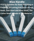 Ten Piece Brazed Carbide Lathe Tool Set With YT15 Tips showing blue-handled tools on a metal surface for metalworking.