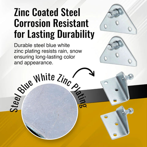 10mm Ball Stud Mounting Bracket Set showing zinc plated steel brackets with corrosion resistance feature for gas struts and hood lids.