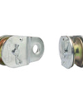 Zinc Plated Fixed Single Pulley Fixed Eye Steel Pulley 1-1/2" (2 Pack) front and side view, showing metal construction and eyelet.