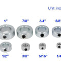 Assorted zinc plated steel shaft collars in various sizes for industrial use, durable and secure, vibration-resistant design for machinery.