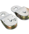 Zinc Plated Fixed Single Pulley Fixed Eye Steel Pulley 1-1/2" (2 Pack) with removable axles, shown from top view
