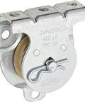 Durable zinc single pulley wall mount, 1-1/2 inch diameter, ideal for smooth rope and cable guidance, front view.